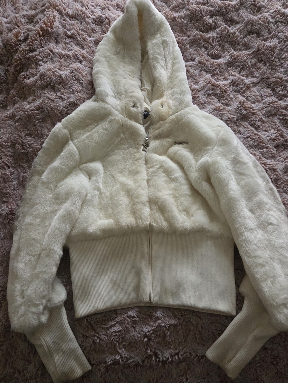bebe Cream Faux-Fur Hooded Zip Teddy Jacket